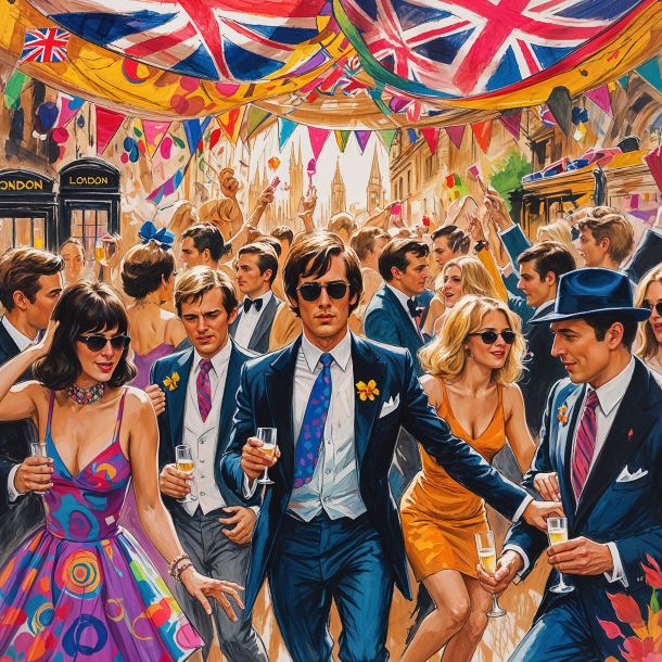 a vibrant rough color pencil sketch of an Austin Powers inspired party set in 1960s London, capturing the essence of swinging fashion, with guests dressed in mod attire, surrounded by psychedelic patterns and lush fabrics, pencil marks and paper texture prominently visible, warm colors and bold lines blending together to create a dynamic and lively atmosphere, with hints of British flags, vintage cars, and iconic London landmarks in the background, the sketch exuding a sense of freedom and joy, with intricate details and expressive facial features on the partygoers, including Austin Powers himself, sporting his signature suit and hairstyle, amidst a sea of dancing people, with champagne glasses and party hats scattered throughout the scene.