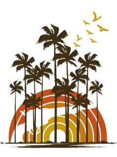 Retro palm trees and sun with revolver in the background.