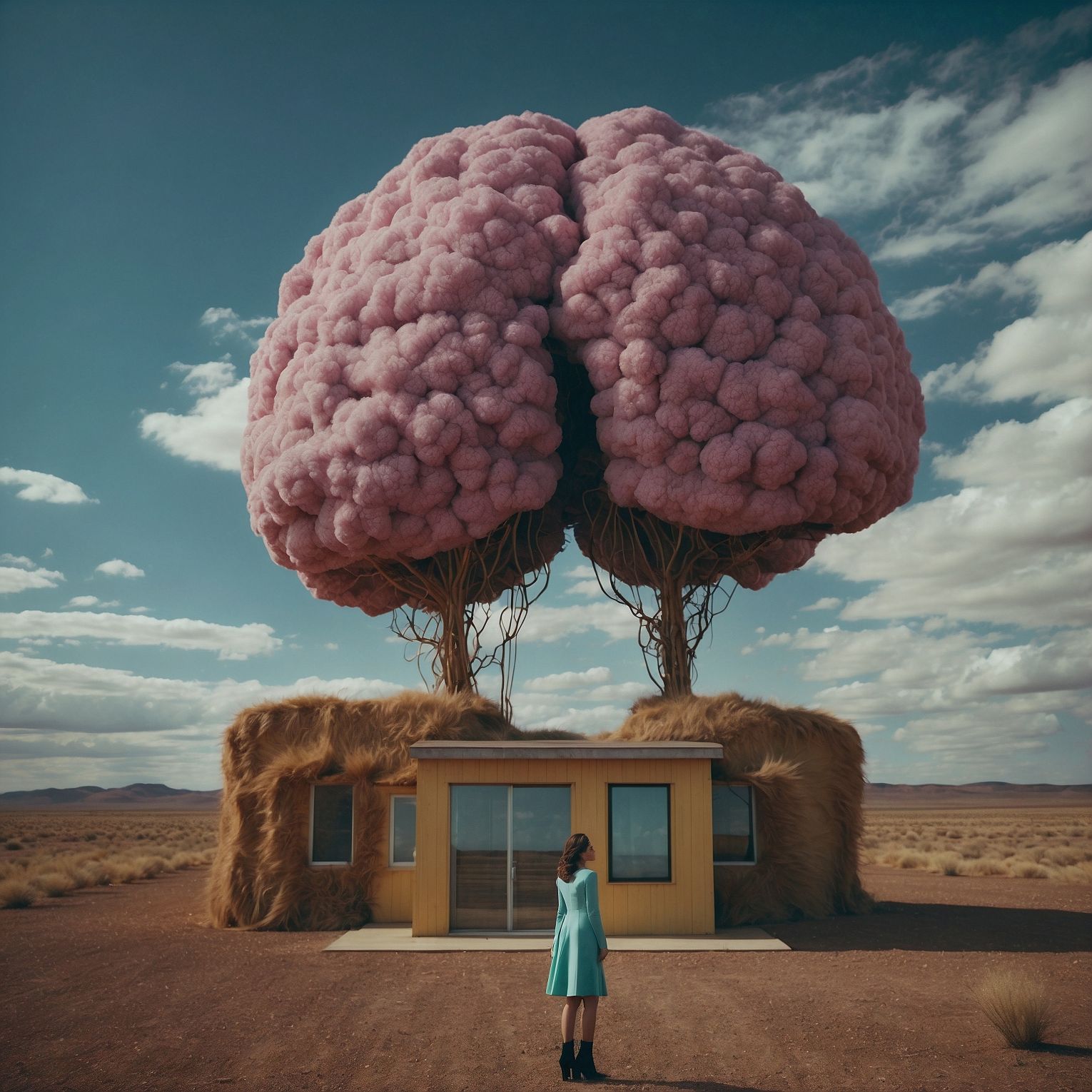 A large brain grows like trees above a house. A women stands in the front yard.