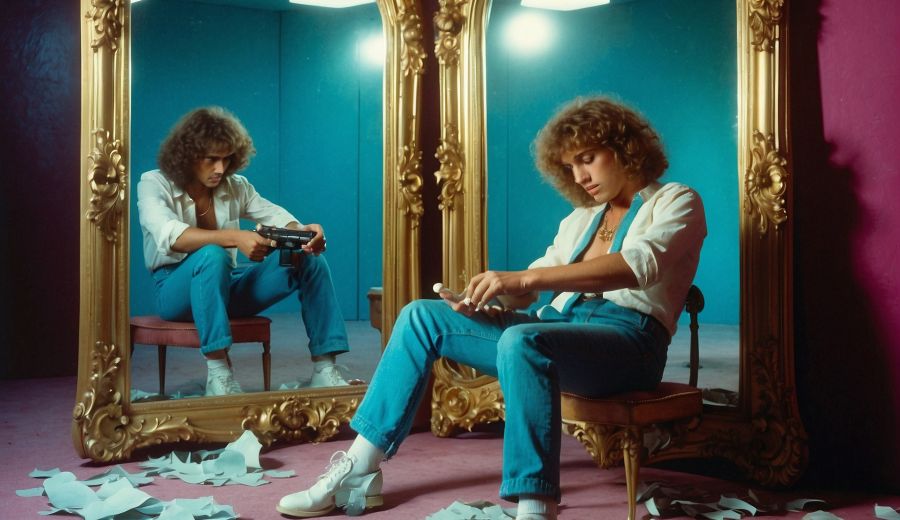 1980s. A frustrated young man sits in front of a mirror. He's writing and torn pages sit on the floor all around him.