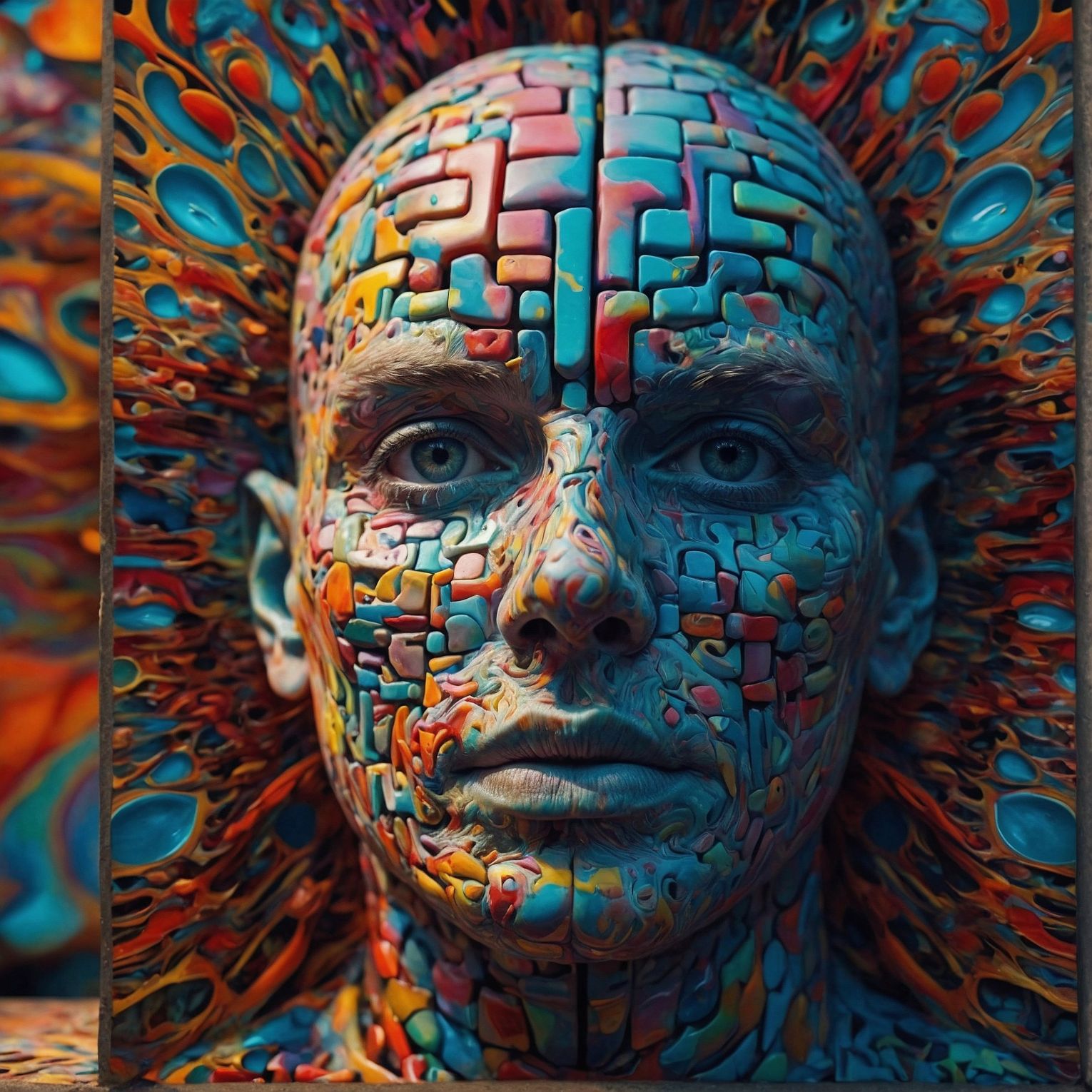 Artwork. Close up and highly detailed human face built with multi--colored blocks and tiles. Neurodivergent. LeonardoAI.