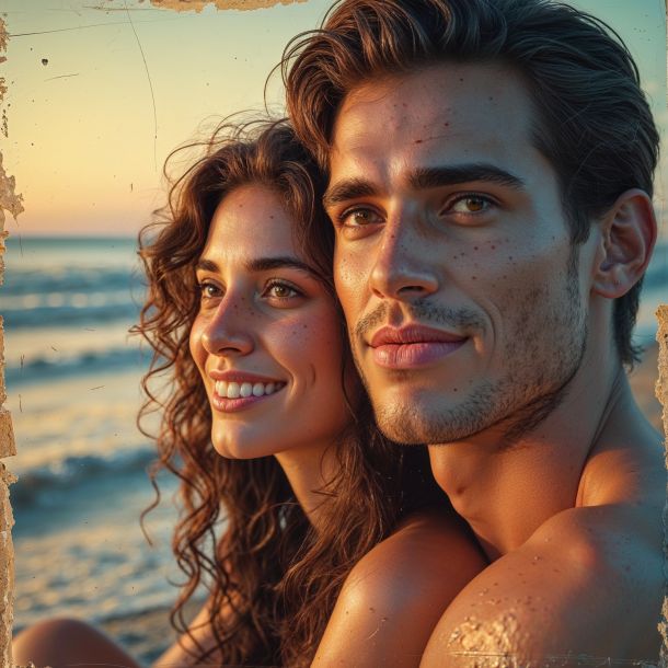 a masterpiece rough color pencil sketch of Cross processing vintage film photography of a close-up scene, set at dusk on a serene beach, where a peaceful evening unfolds as a young couple in love sits together, watching the gentle waves roll in, their faces filled with joy and adoration, with the woman having long, curly brown hair and a bright smile, and the man having a strong jawline and warm, piercing brown eyes, both with smooth, sun-kissed skin, lost in the surreal and dreamy atmosphere, as the imagination runs wild and memories are created, all captured through a 135mm portrait lens, with soft, warm colors and a shallow depth of field, blurring the background to emphasize the couple's intimate moment, with visible pencil marks and paper texture, warm golden light reflecting off their skin, and subtle shading to enhance the emotional connection between the couple.