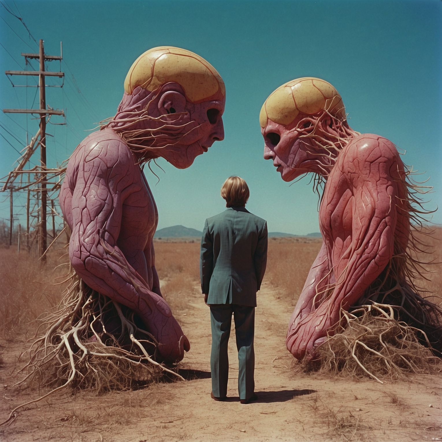 Odd and unsettling images of two grossly muscled giants, growing from the ground with exposed roots, standing face-to-face ready to fight. A man in a suit stands between them. Set in the desert.