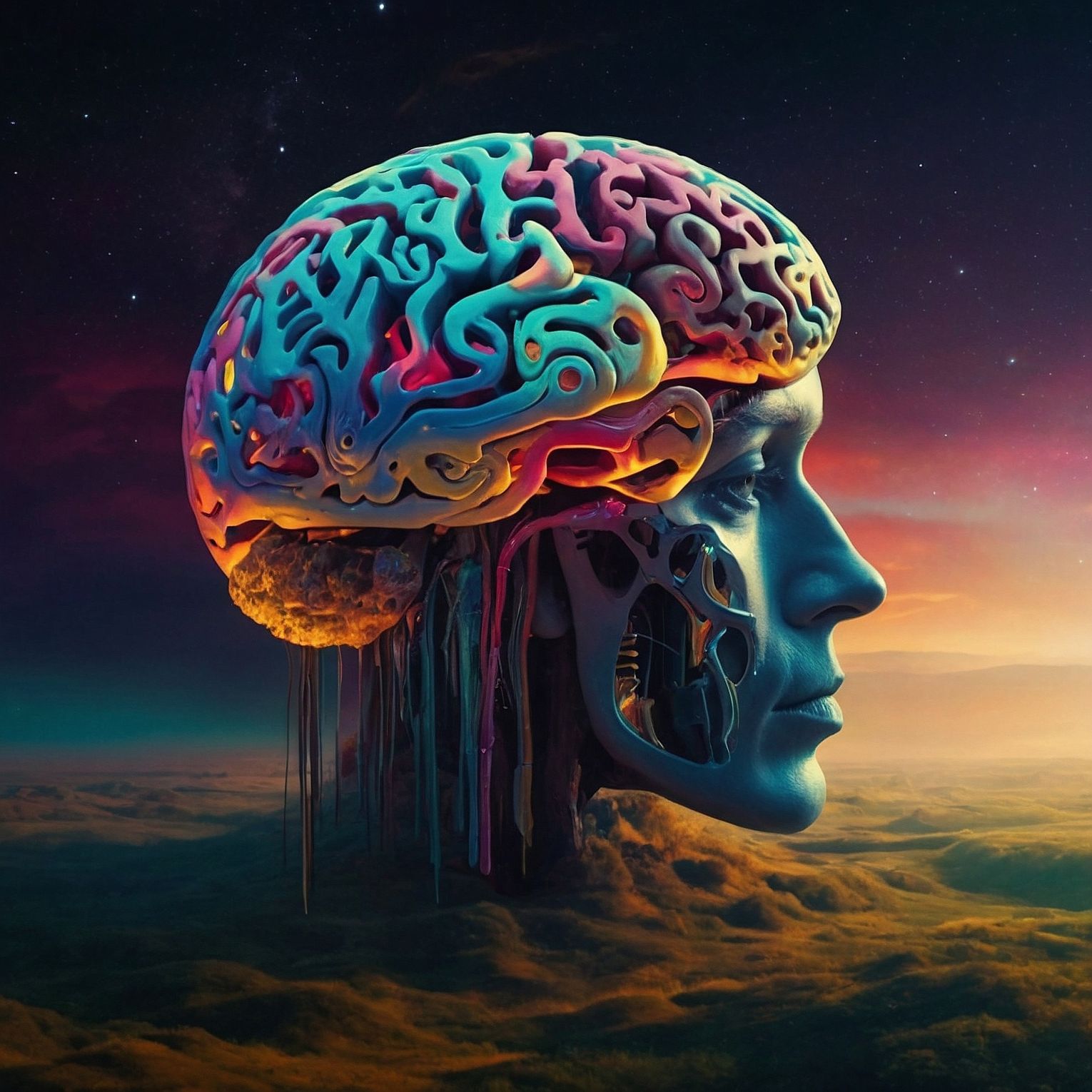 Artwork. A large humanoid head in a field. It's rainbow colored brain is exposed, wires and pipes run down its neck. Generated by LeonardoAI.