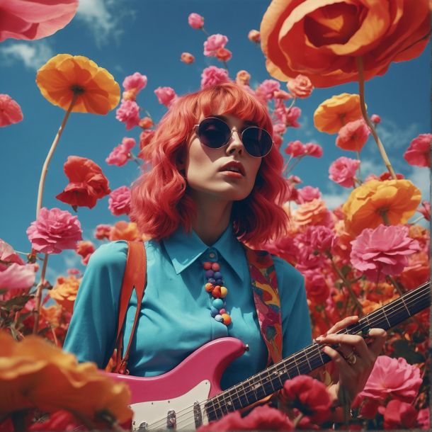 A female rock star holding a pink guitar. She has pink hair and is wearing sunglasses. She's standing a willy wonka field of pink flowers. Generated by LeonardoAI.