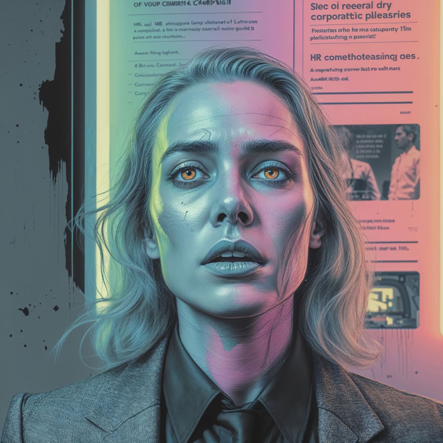 a masterpiece rough color pencil sketch of a surreal and vibrant cinematic photo of an advertising campaign designed by Lumon, blending dry corporate jargon with eerie subtext, using hollow HR pleasantries that are off-putting, hiding a darker agenda below the surface, with surreal photography and photorealistic elements, noticeable film grain texture, and a color palette that shifts between calming pastels and ominous neon hues, evoking a sense of unease and discomfort, with bold sans-serif typography and sanitized corporate imagery that contrasts with the ominous undertones, every detail meticulously crafted to convey a sense of dystopian unease beneath a veneer of corporate pleasantry, with visible pencil marks and paper texture, and a faint glow that hints at the darker truth lurking beneath the surface.