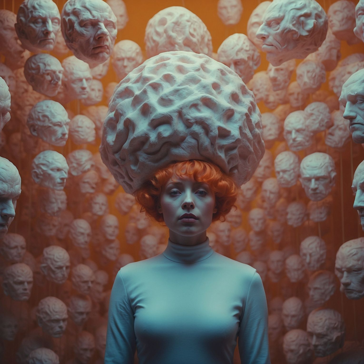 Unsettling image of a orange haired women dressed in white with a large brain. Endless white faces surround her in the background.