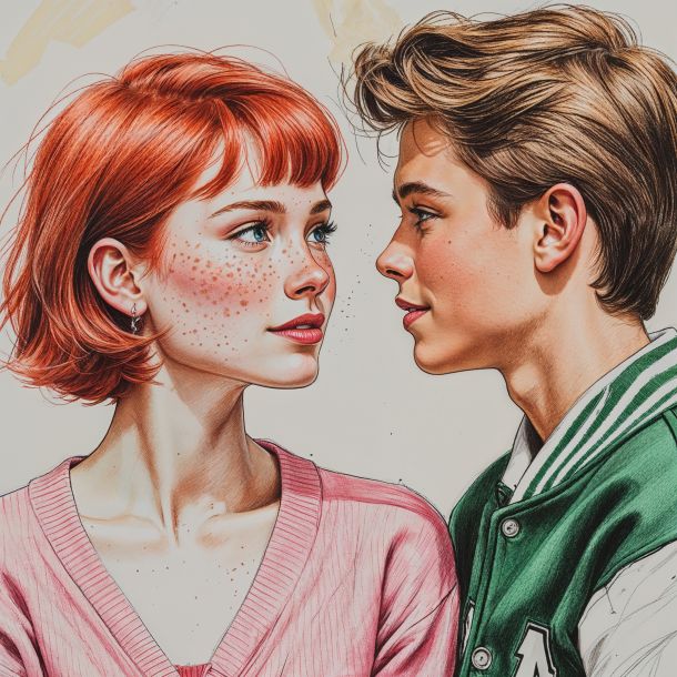 a meticulously crafted rough color pencil sketch of a key frame from a 1980s John Hughes teen movie, featuring an 18 year old woman with short vibrant red hair and scattered light freckles across her cheeks, she is fashion focused and prissy, wearing a pastel pink cardigan with a fitted silhouette, her eyes are cast lovingly at a teenage boy dressed in a vintage 1960s green varsity jacket with white sleeves and a relaxed fit, the scene evokes the iconic style of Andie from Pretty In Pink falling in love with Kevin Arnold from The Wonder Years, the sketch showcases prominent pencil marks and a textured paper background, with a soft color palette that blends gentle hues of pink and green, capturing the nostalgic essence of a bygone era.