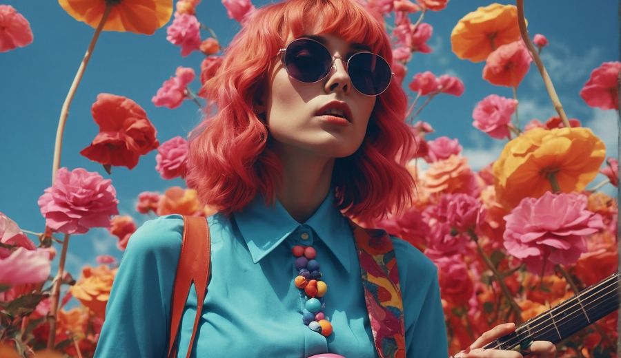A female rock star holding a pink guitar. She has pink hair and is wearing sunglasses. She's standing a willy wonka field of pink flowers. Generated by LeonardoAI.