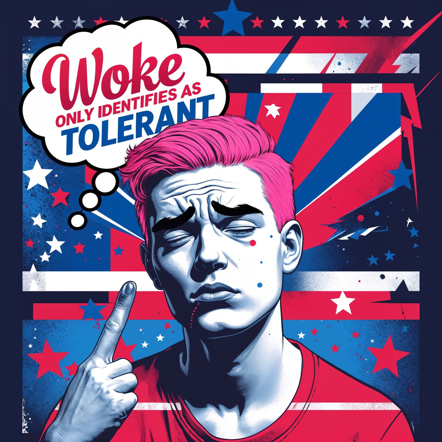 A vibrant and bold professional graphic design in pop art style, reminiscent of 1940s American propaganda posters, with a patriotic tone, featuring a central image of a college kid with pink hair with a thought bubble, surrounded by red, white, and blue colors, with bold fonts and dynamic graphics, the text "Woke only identifies as tolerant" emblazoned in a stylized, cursive font, with stars and stripes patterns in the background, the person's facial features contorted in a comical expression of disappointment, with a pale skin tone and exaggerated eyebrows, the overall design exuding a sense of satire and humor, with clean lines, geometric shapes, and a mix of digital and hand-drawn elements, blending nostalgia with modern pop art sensibilities.