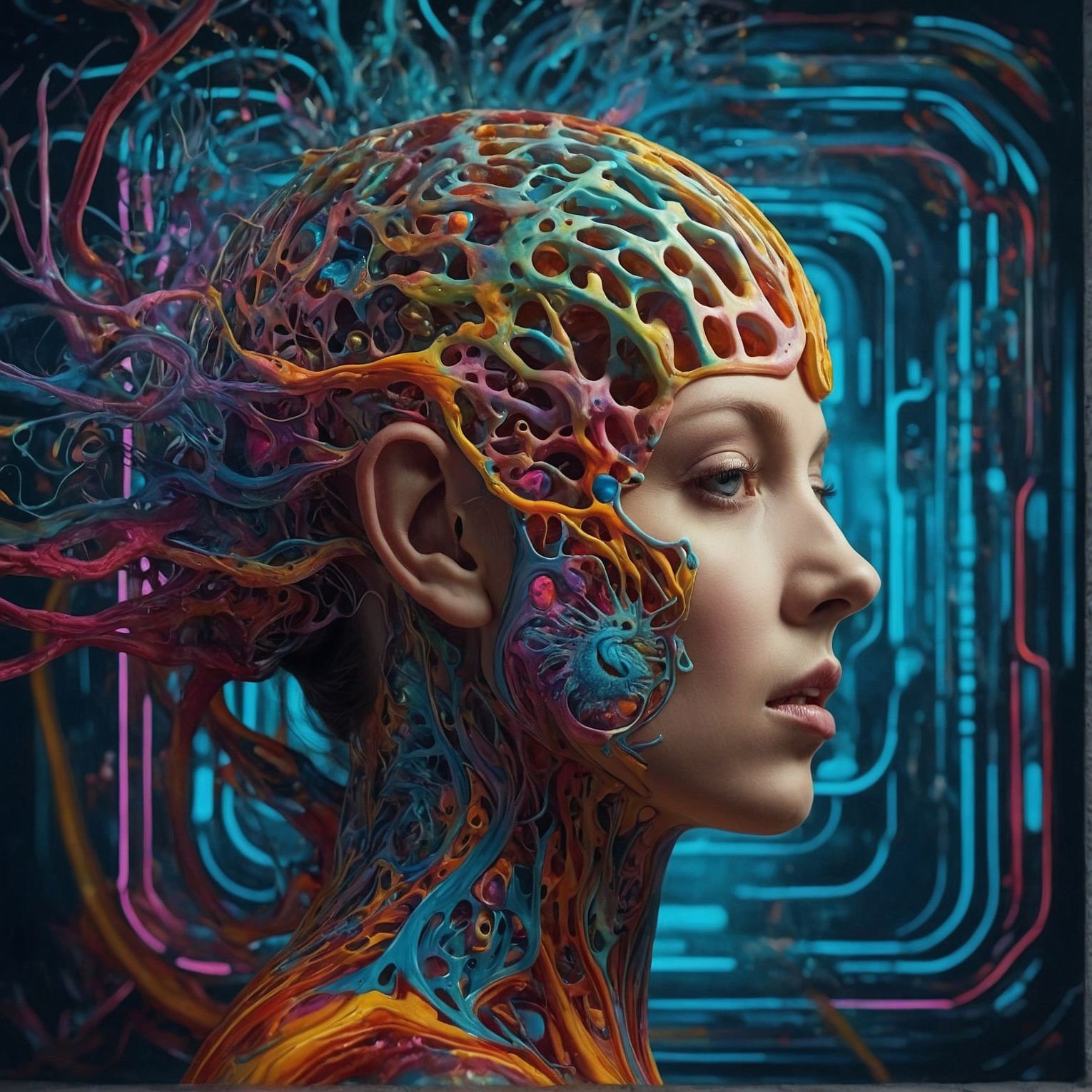 Profile of a female head, beautiful face. The brain is exposed and is a vibrant multi-color coral neuro-system. Rainbow colored roots are extending from her head. Creative. Unique. Generated by LeonardoAI.