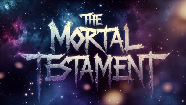 Stylized poster image of The Mortal Testament. An aggressive and bold font is backed by a cosmic landscape, purples and blues and twinkling starts.
