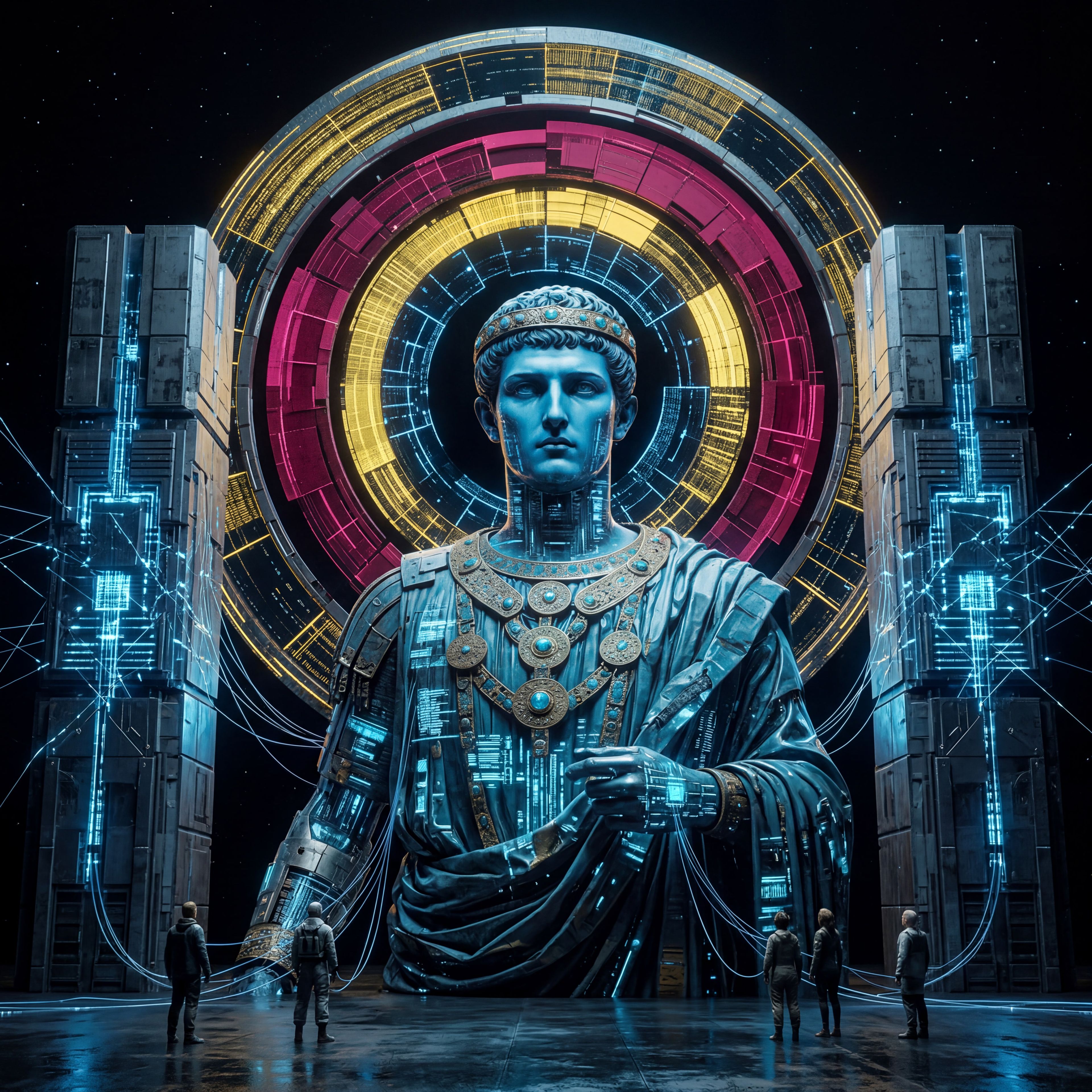A monumental blue metallic statue of a classical ruler stands before a massive, glowing circular digital structure. Small human figures gather at its base, dwarfed by the scale of the figure and the machinery behind it. The scene evokes institutional power, surveillance, and technological divinity.