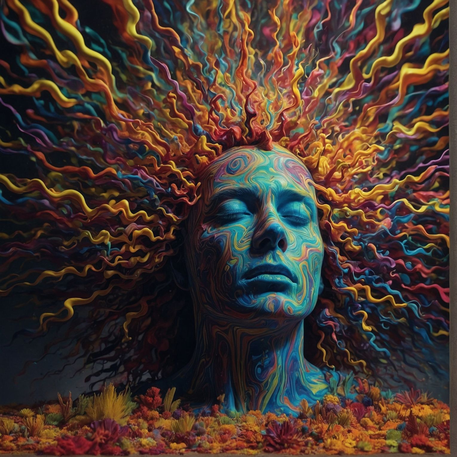 Artwork. An explosion of curled colors from a man's brain. His skin is painted like rainbow woodgrain. Neurodivergent. LeonardoAI.