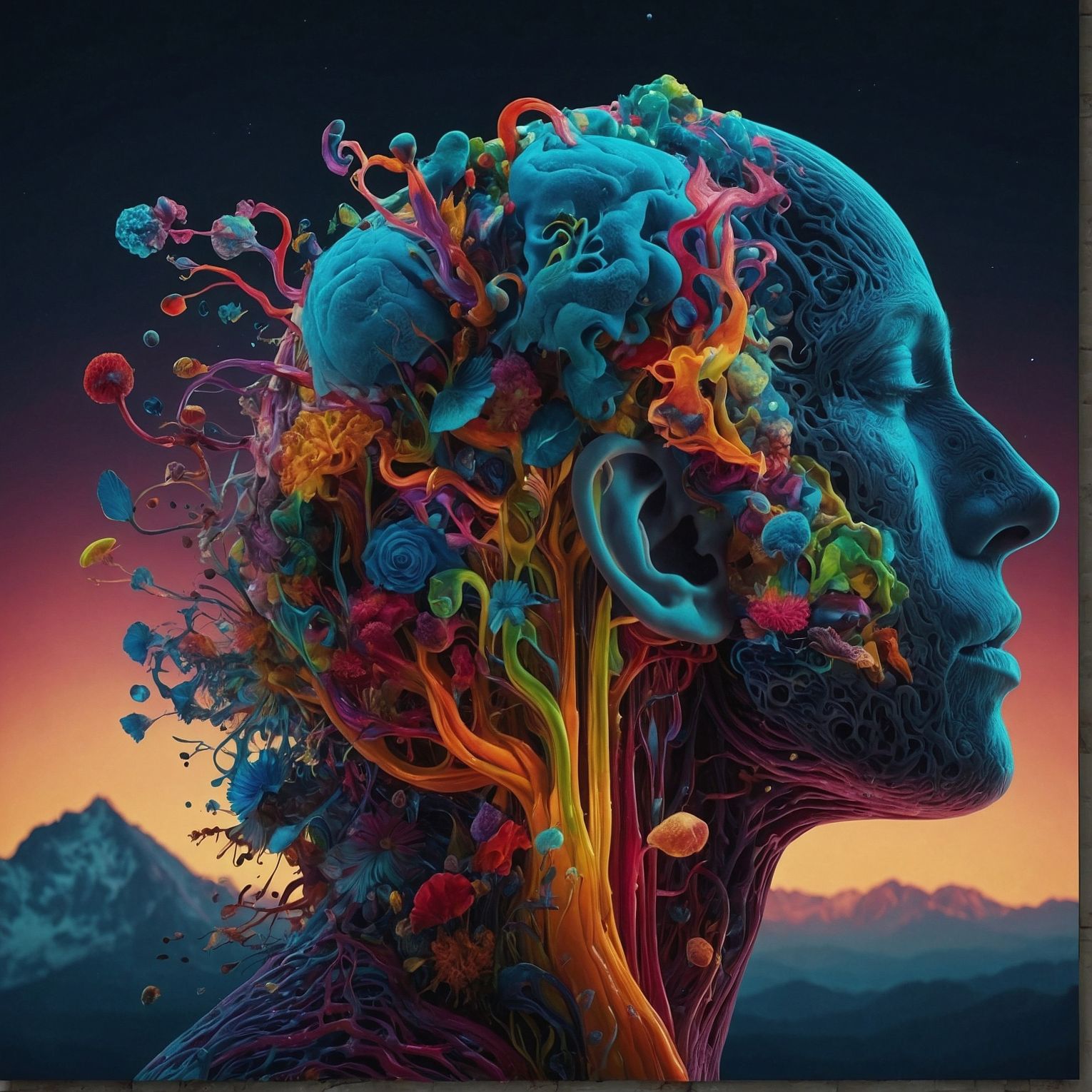 Artwork. Fungus and beautiful multi-colored weeds growing out of a brain. Close up, very detailed. Neurodivergent. LeonardoAI.