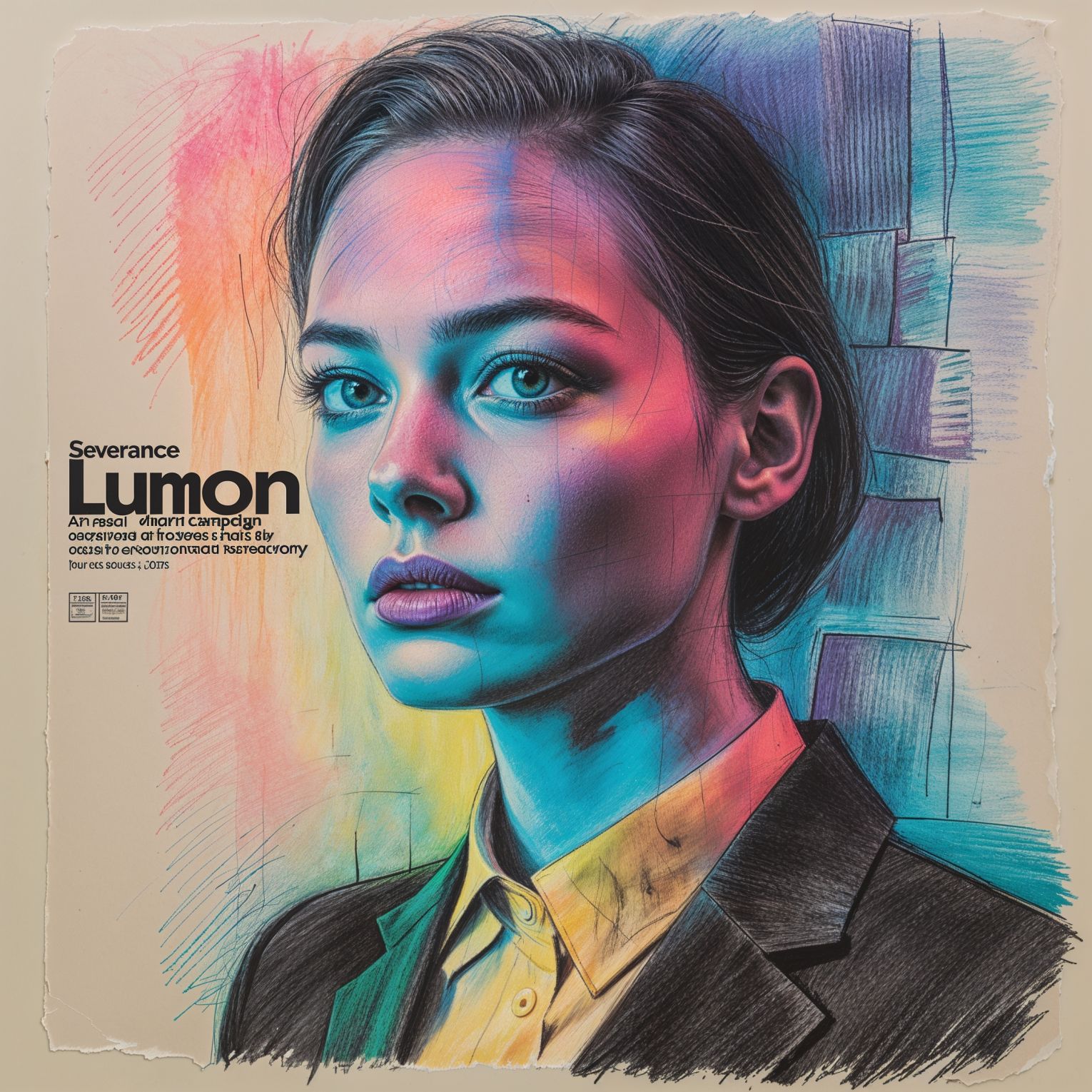a surreal and vibrant cinematic photo of an advertising campaign designed by Lumon from the show Severance, blending dry corporate jargon with eerie subtext, using hollow HR pleasantries that are off-putting, hiding a darker agenda below the surface, with surreal photography and photorealistic elements, film grain texture, and a color palette that shifts between calming pastels and ominous neon hues, evoking a sense of unease and discomfort, with bold typography and sanitized corporate imagery that contrasts with the ominous undertones, every detail meticulously crafted to convey a sense of dystopian unease beneath a veneer of corporate pleasantry.