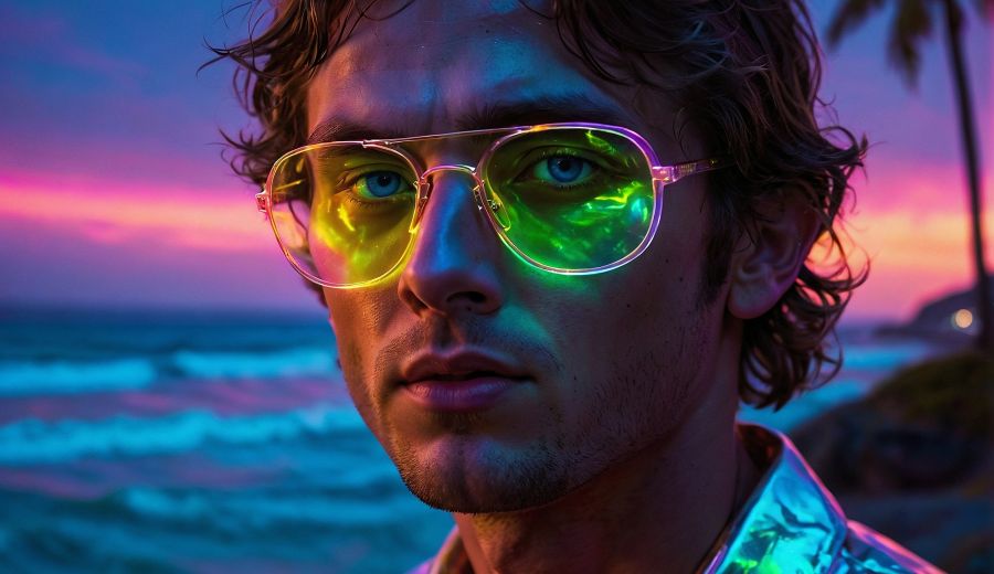 A contemporary throwback to 80s synthwave. Electric and vibrant purples and blues. A mid 20s man stands on a sandy beach at twilight. He has shaggy hair and glasses. Image filled with vibe and drip. Neon.