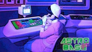 Astro Base GO! Retro woman talking of sci-fi phone.