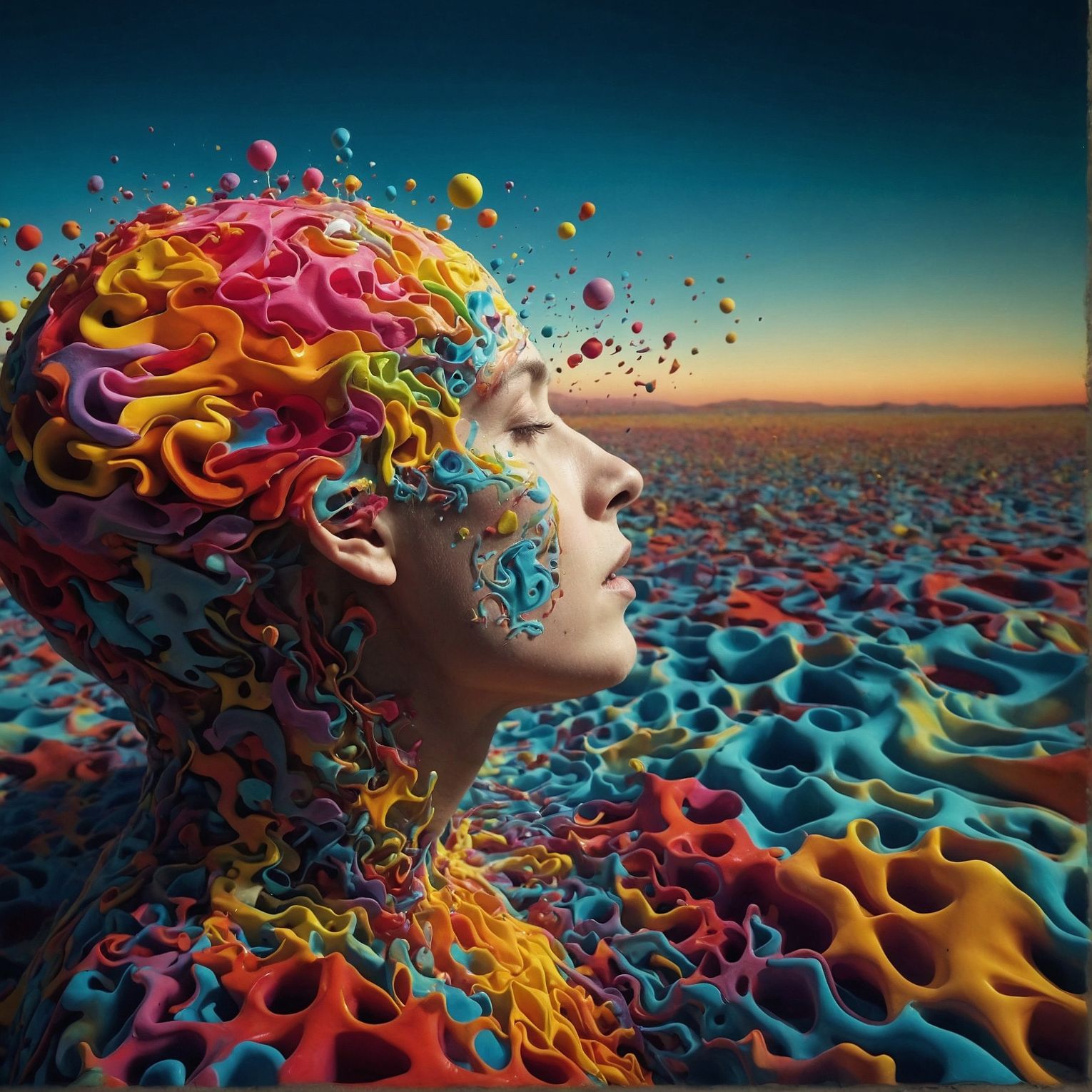 Artwork. A profile of a woman's face, the back of her head exposed as a wonderful rainbow color neural system. Brain with a flower-like appearance. Neurodivergent. LeonardoAI.